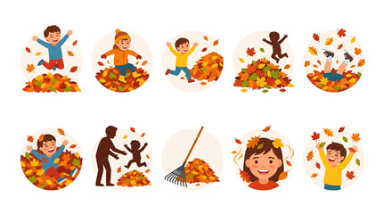 Fototapeta premium Set of happy children playing with autumn leaves, jumping into leaf piles and raking leaves