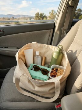 Canvas tote bag with gym snacks and essentials inside car on the go essentials sunglasses