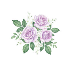Fototapeta premium watercolor illustration of soft lavender roses with transparent washes and white blossoms, lush deep green leaves on a transparent background, delicate botanical elegance