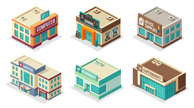 Isometric illustrations of diverse commercial buildings including a computer store, gaming center, office supplies shop,