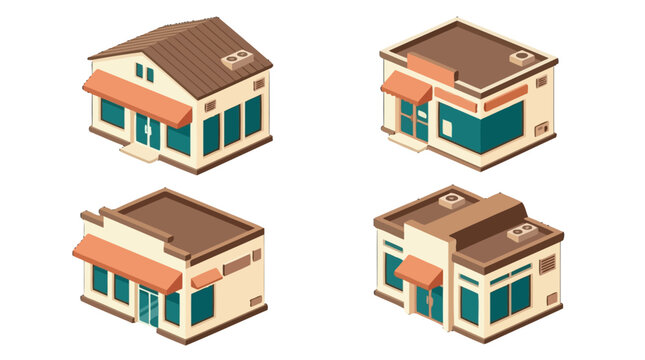 Isometric illustrations of modern small commercial buildings featuring flat and sloped roofs in a minimalist style