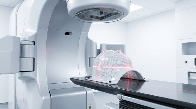 Radiation therapy mask on a linear accelerator treatment table with laser alignment, prepared for precise cancer radiotherapy planning in an oncology clinic.
