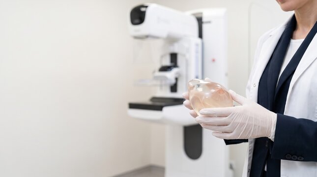 Mammography. Female specialist holding a transparent anatomical breast model beside a mammography machine in a modern diagnostic clinic with copy space