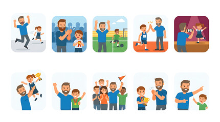 Fototapeta premium Set of illustrations showing a father supporting and celebrating his childrens achievements and activities