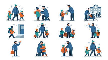 Fototapeta premium Set of illustrations depicting a father taking care of his children during winter, walking to school, helping with clothes, and hugging