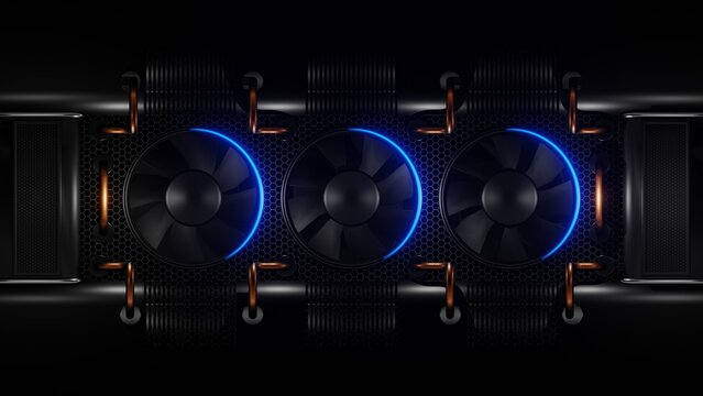 Dark Futuristic Graphics Card Concept with Blue LED Rings and Copper Heat Pipes