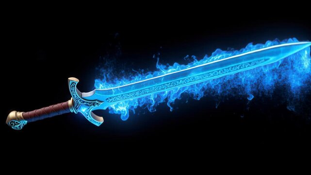 Enchanted Sword of Azure Flame: A mystical sword crackles with vibrant blue energy, its ornate blade etched with ancient runes, emanating an aura of power and magic against a dark.