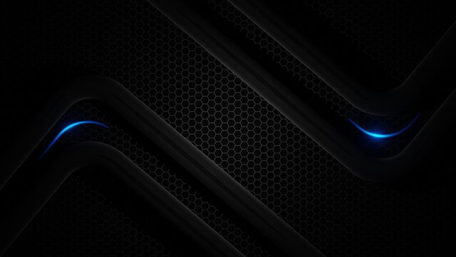 Futuristic black tech background with neon blue light trails on a dark honeycomb pattern