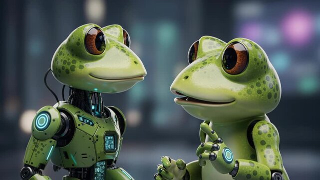 Tech-Savvy Frogs: A charming cartoon depicting a robot frog and a natural frog in conversation, highlighting the intersection of nature and technology.