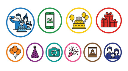 Fototapeta premium Set of birthday party icons, including family taking selfie, cake, gifts, balloons, party hat, camera, confetti, and photo frame