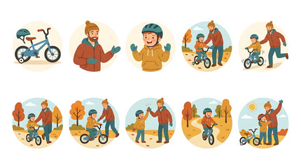 Fototapeta premium Father teaching his son to ride a bicycle in autumn park