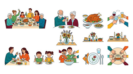 Fototapeta premium Set of illustrations depicting family dinner and holiday celebrations