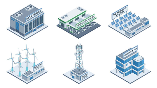 illustration of renewable energy infrastructure featuring data centers wind turbines solar panels and communication towers for