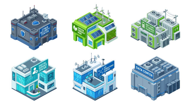illustration of futuristic data centers with advanced green technology and renewable energy sources for sustainable digital