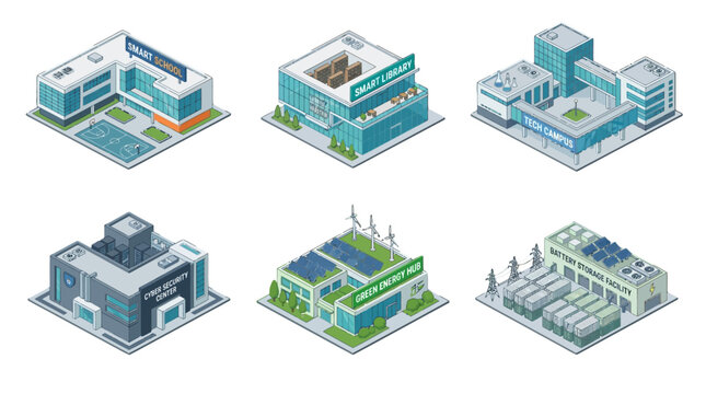 Modern isometric school buildings featuring diverse educational facilities and green outdoor areas for learning environments