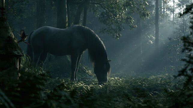 In a tranquil forest clearing, a horse stands grazing as moonlight threads through the trees, casting glimmers on its mane and illuminating a ferny forest floor. A small bird takes flight from an age