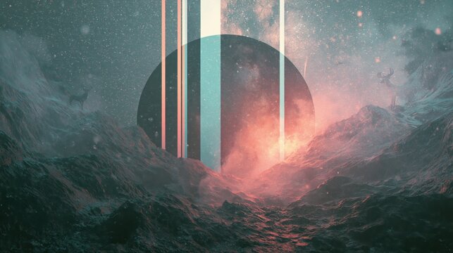A dreamlike, cinematic landscape blends rugged alpine terrain with surreal geometric elements and cosmic atmospheric haze. A dark circular portal sits behind jagged snow-capped mountains, while verti