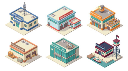 Fototapeta premium isometric illustration of various essential emergency service buildings including fire station hospital and police station