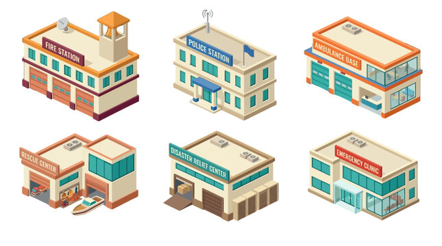 isometric illustrations of various emergency service buildings including fire station police station ambulance base and hospital