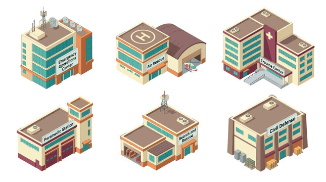 illustration of a comprehensive medical complex including emergency, air rescue, trauma center, paramedic station, outpatient