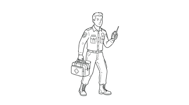 Paramedic line art illustration, emergency medical technician carrying first aid kit, first responder with radio walkie talkie vector
