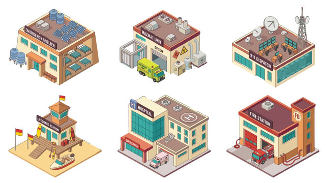 detailed illustration of various types of hospitals and medical facilities showcasing different architectural designs and