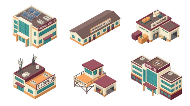 Isometric illustration of various healthcare facilities including hospital, emergency shelter, clinic, dispatch center,