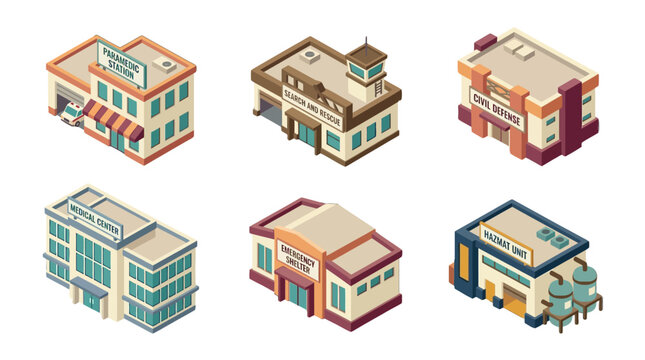 Collection of diverse public service and civic buildings including health centers government offices and community facilities in