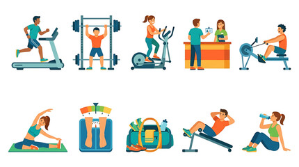 Fototapeta premium Set of gym and fitness activities, people exercising in a fitness center, vector illustration