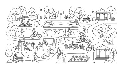 Obraz premium Doodle illustration of a public park with people exercising and relaxing.