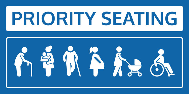 Vector priority seating sign in blue and white with six pictograms showing elderly with walker, woman holding baby, disabled with cane, pregnant woman, parent with stroller, and wheelchair user.