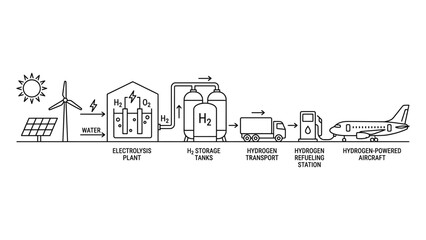 Obraz premium Hydrogen fuel supply chain infographic for green energy and aviation.