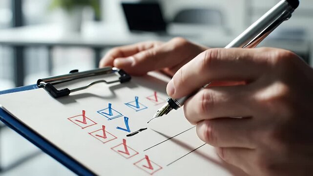 Meticulous business checklist on a clipboard with colored check marks being reviewed by a suited professional in an office setting