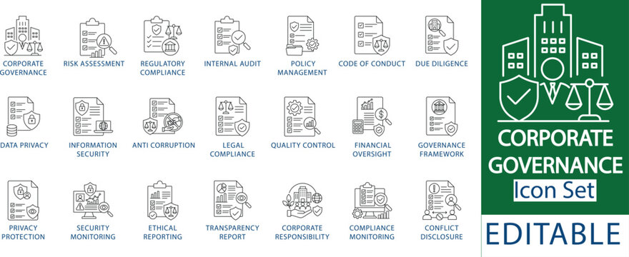 corporate governance and regulatory compliance line icon set featuring risk assessment, internal audit, data privacy, legal compliance, and ethical reporting interface icons.