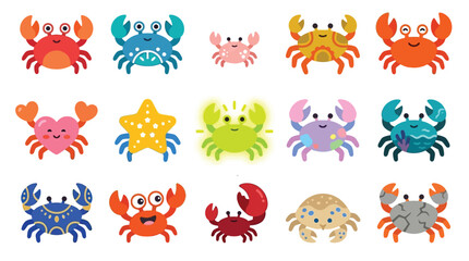Collection of cute cartoon crabs and sea creatures in various colors and styles. © desiana