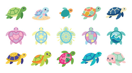 Collection of cute cartoon turtles in various colors and patterns, perfect for children's designs. © desiana