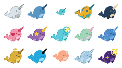 Collection of Cute Cartoon Narwhals with Horns and Various Colors. © desiana