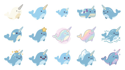 Collection of cute cartoon narwhals with horns and various expressions, isolated on white background. © desiana