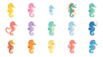 Collection of colorful cartoon seahorse illustrations with various patterns and colors. © desiana