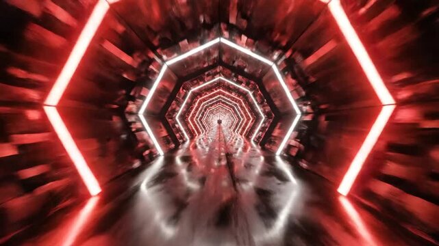 Symmetrical futuristic tunnel with red and white neon octagonal light frames reflecting on a wet metallic floor inside a dark scifi corridor leading to a bright vanishing point.