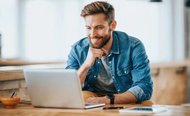 Fototapeta premium Man with beard working on his laptop in a bright and cozy professional home office