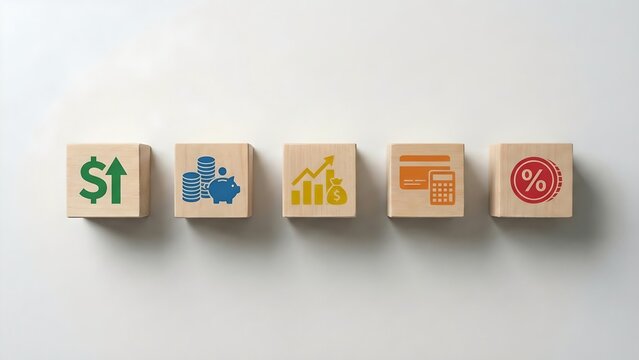 Five wooden blocks with different financial icons on a white background. The icons represent a rising dollar sign, a piggy bank with coins, a growing graph, a credit card and calculator.