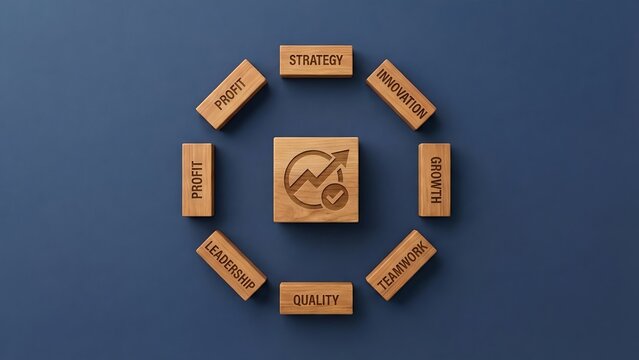 Business growth and strategy diagram with wooden blocks around a central cube showing a chart and check mark