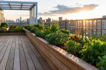 Obraz premium Rooftop garden terrace with wooden deck and urban city skyline at sunset planting