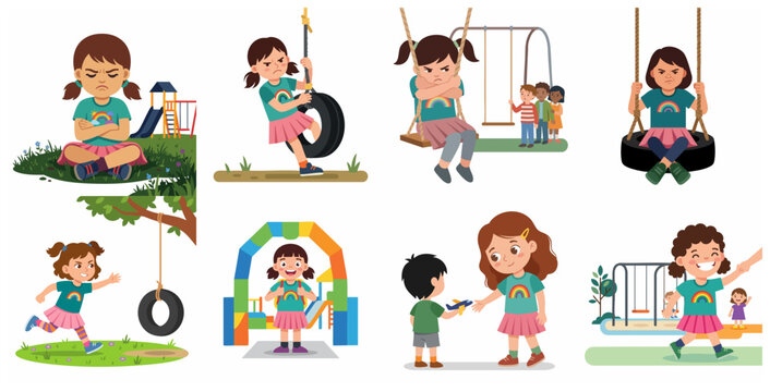 Set of little girl character illustrations showing various emotions and social behaviors at a playground, from being angry and upset to happy and sharing toys.