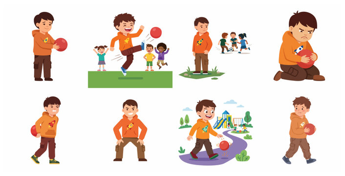 Cartoon little boy character set showing various emotions and social situations with a ball, from playing happily to feeling lonely and angry at the playground