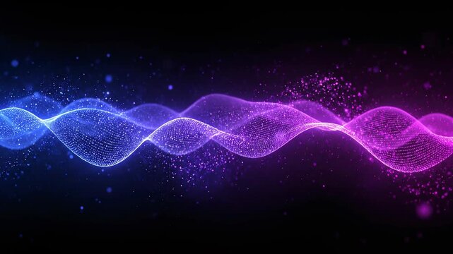 Abstract digital wave flowing with glowing particles and vibrant purple-blue gradient colors, representing data streams, technology, and futuristic energy