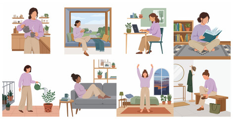 Fototapeta premium Set of flat vector illustrations depicting a woman's daily routine and activities at home, including working, relaxing, and self-care.