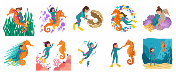 Underwater Adventure Vector Set: Cute Diver Girl Interacting with Seahorses, Jellyfish, and Ocean Treasures © cantik