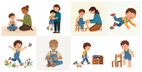 Fototapeta premium Set of illustrations depicting a little boy's childhood experiences, minor injuries, and mother's care and comfort
